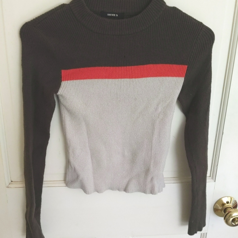 Forever 21 Crop Top Sweater Striped Ribbed Casual Long Sleeve Size Small S